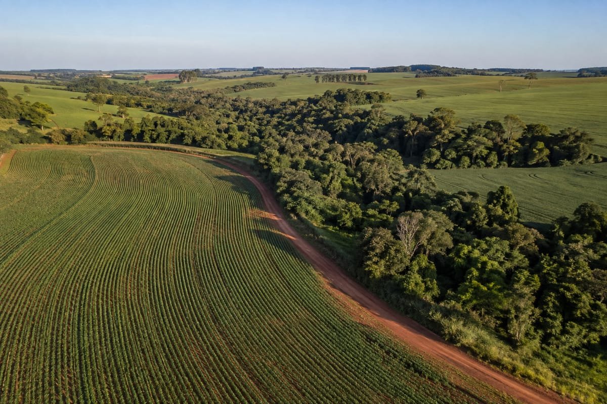 Vista aérea de uma lavoura em curvas, ao lado de uma mata e de uma estrada de terra