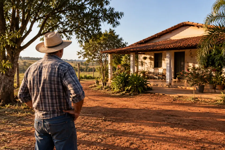 Homem de costas, de chapéu de palha e camisa xadrez, olhando para uma casa de fazenda com varanda e telhado de cerâmica