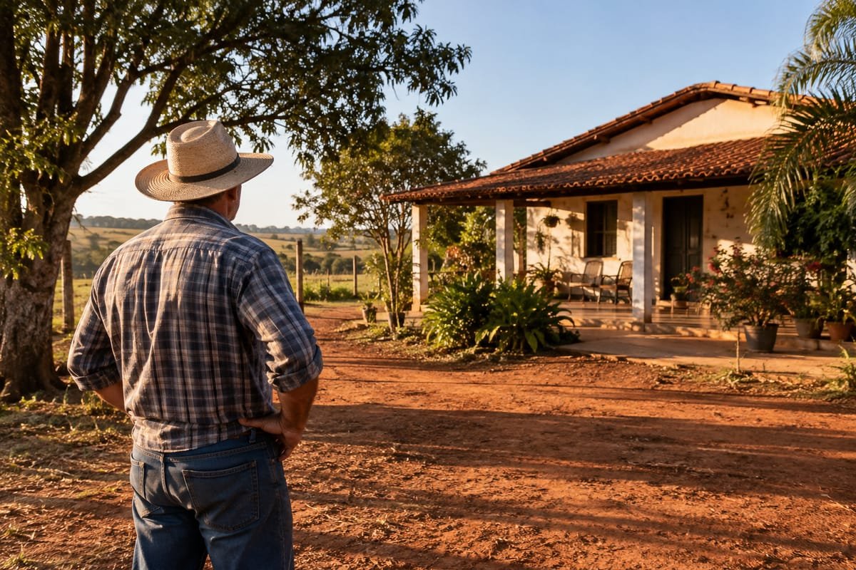 Homem de costas, de chapéu de palha e camisa xadrez, olhando para uma casa de fazenda com varanda e telhado de cerâmica
