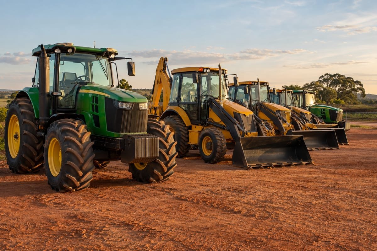 Trator verde e retroescavadeiras amarelas enfileirados em terra vermelha, ao entardecer