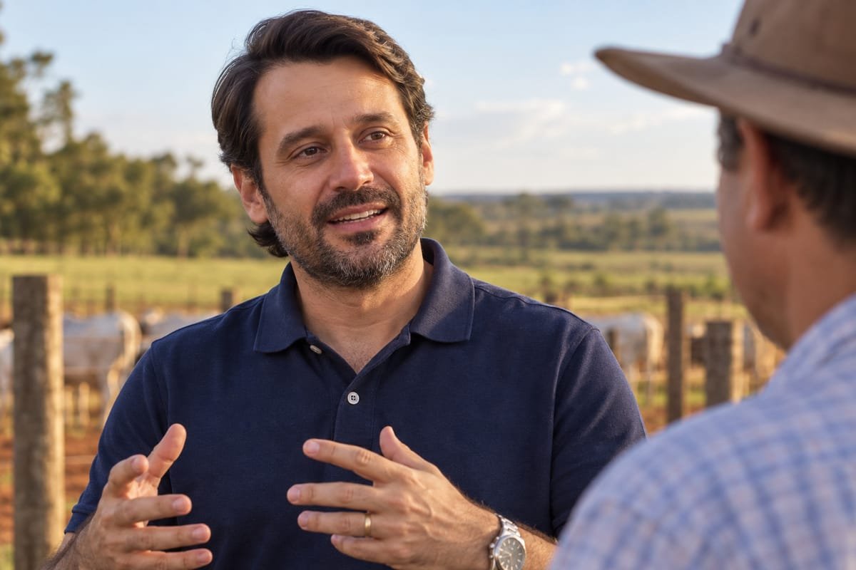 Guilherme Piai, de polo azul-marinho, gesticula ao conversar com um homem de chapéu, de costas, diante de uma cerca com gado ao fundo