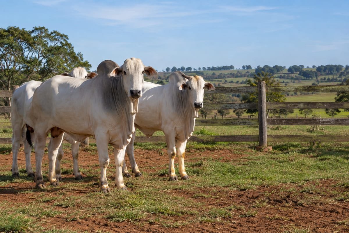 Bovinos brancos de raça zebuína em um curral com cerca de madeira