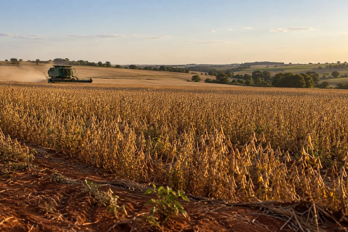 Colheitadeira verde ao fundo de uma lavoura de soja madura, ao entardecer