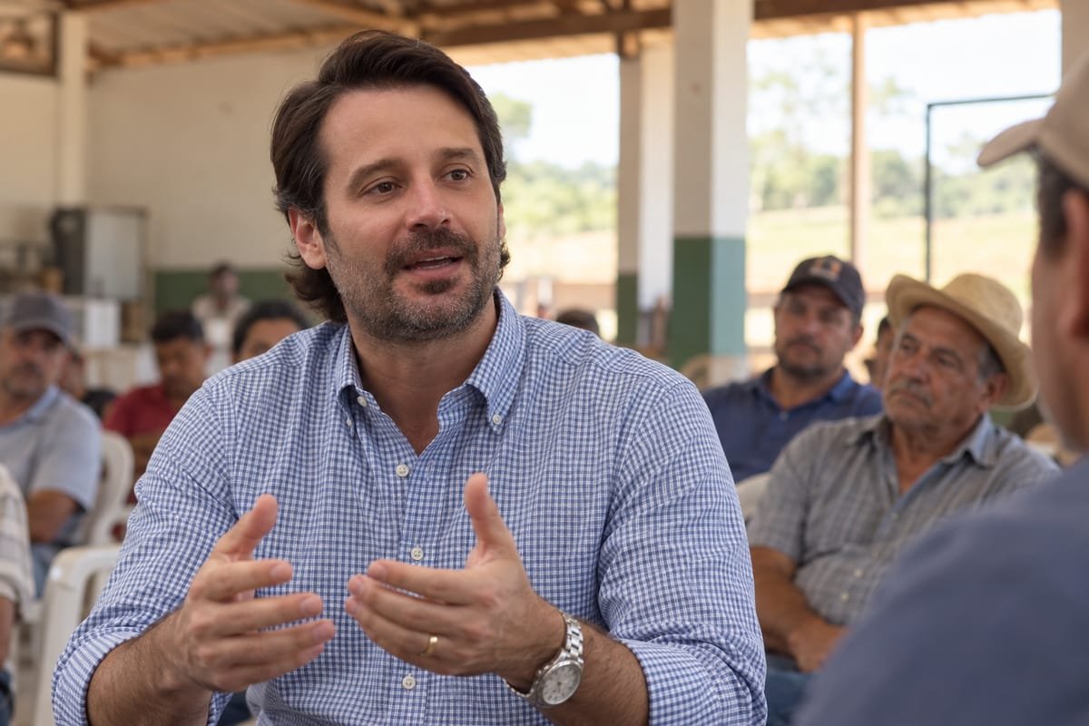 Guilherme Piai, de camisa de xadrez miúdo azul clara, gesticula ao falar para um grupo de homens sentados em um galpão aberto