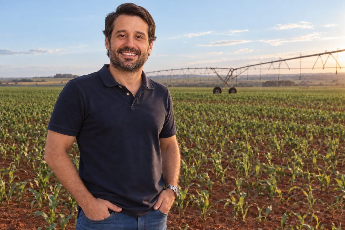 Guilherme Piai, de polo azul-marinho, sorrindo, com as mãos nos bolsos, diante de uma lavoura de milho jovem e de um pivô de irrigação