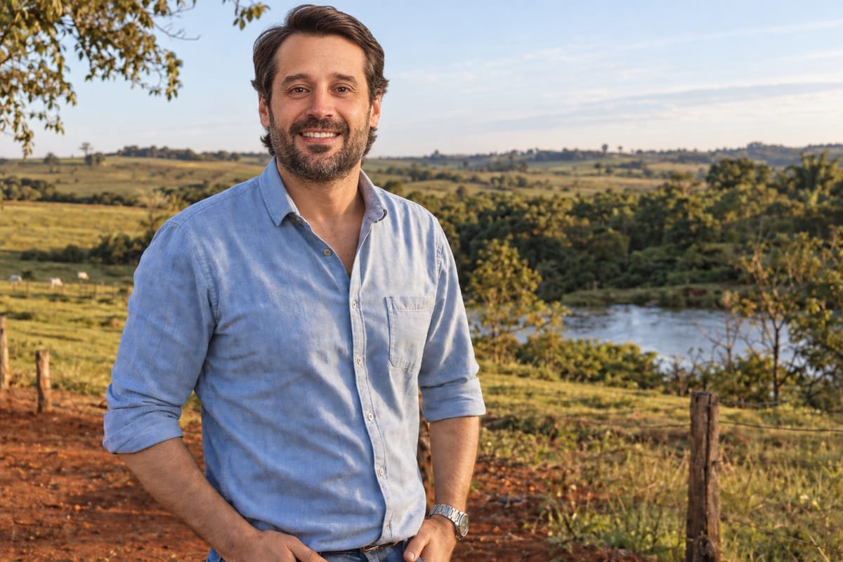 Guilherme Piai, de camisa jeans clara com as mangas dobradas, sorrindo, com as mãos nos bolsos, diante de um campo com um lago ao fundo
