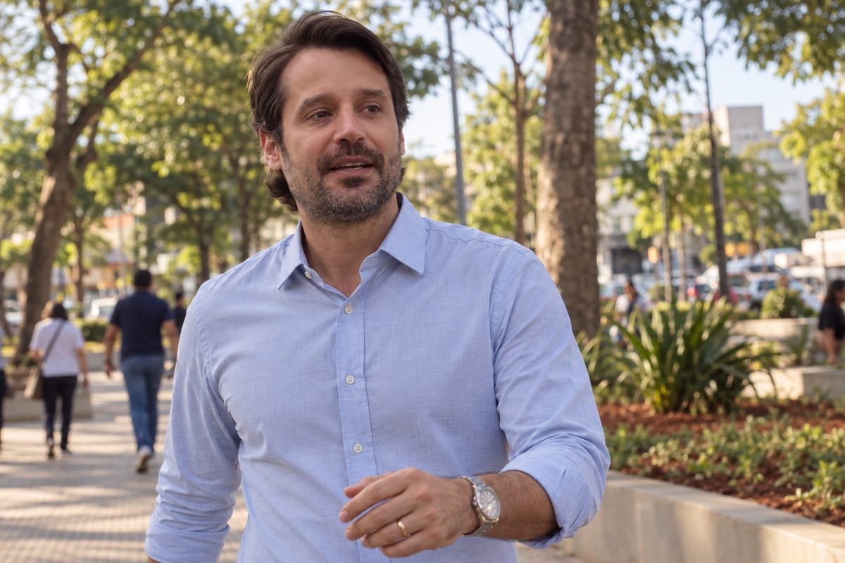 Guilherme Piai, de camisa social azul clara, caminhando por uma praça arborizada, com pessoas ao fundo