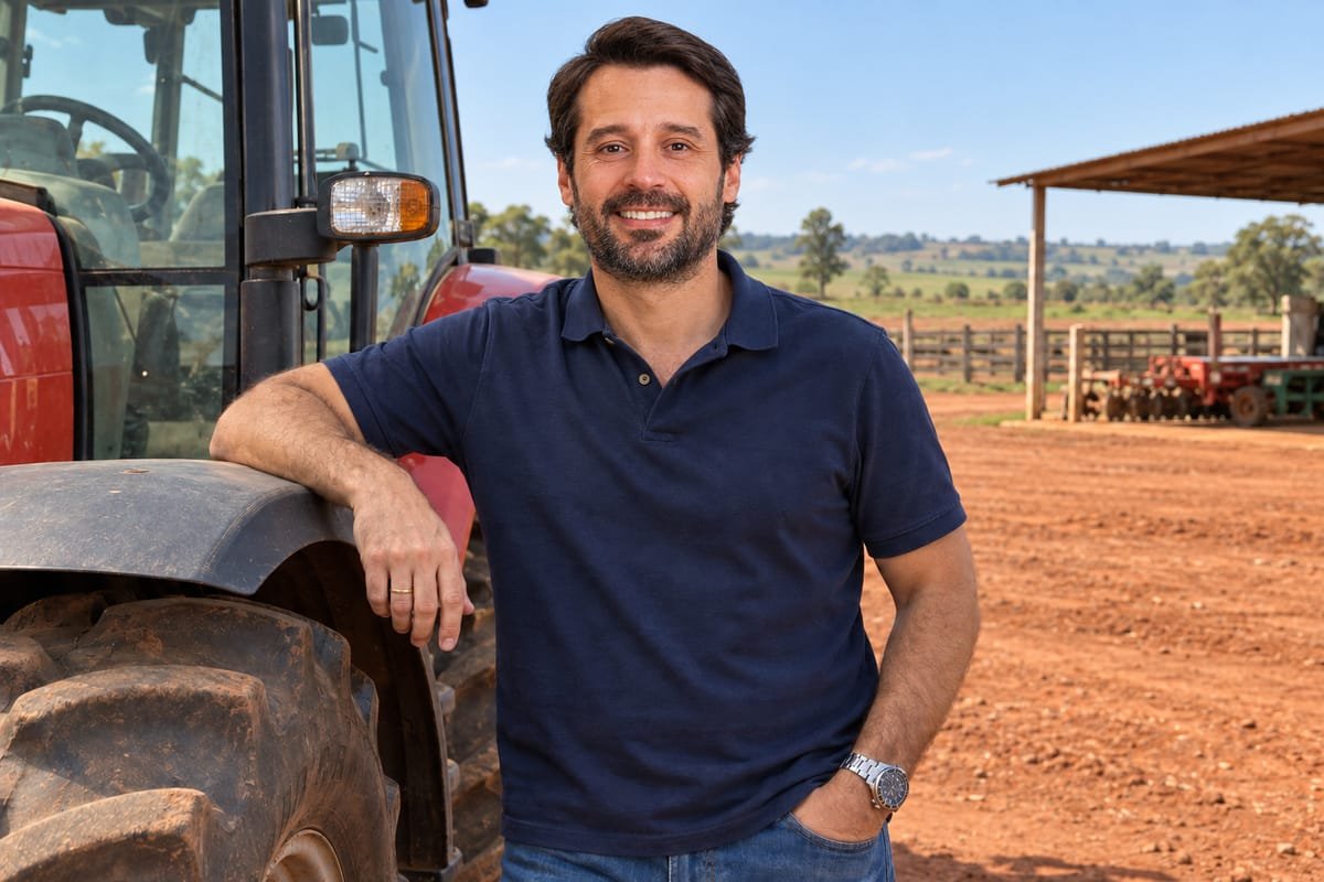 Guilherme Piai, de polo azul-marinho, com o braço apoiado no paralama de um trator vermelho, em um pátio de terra com galpão ao fundo