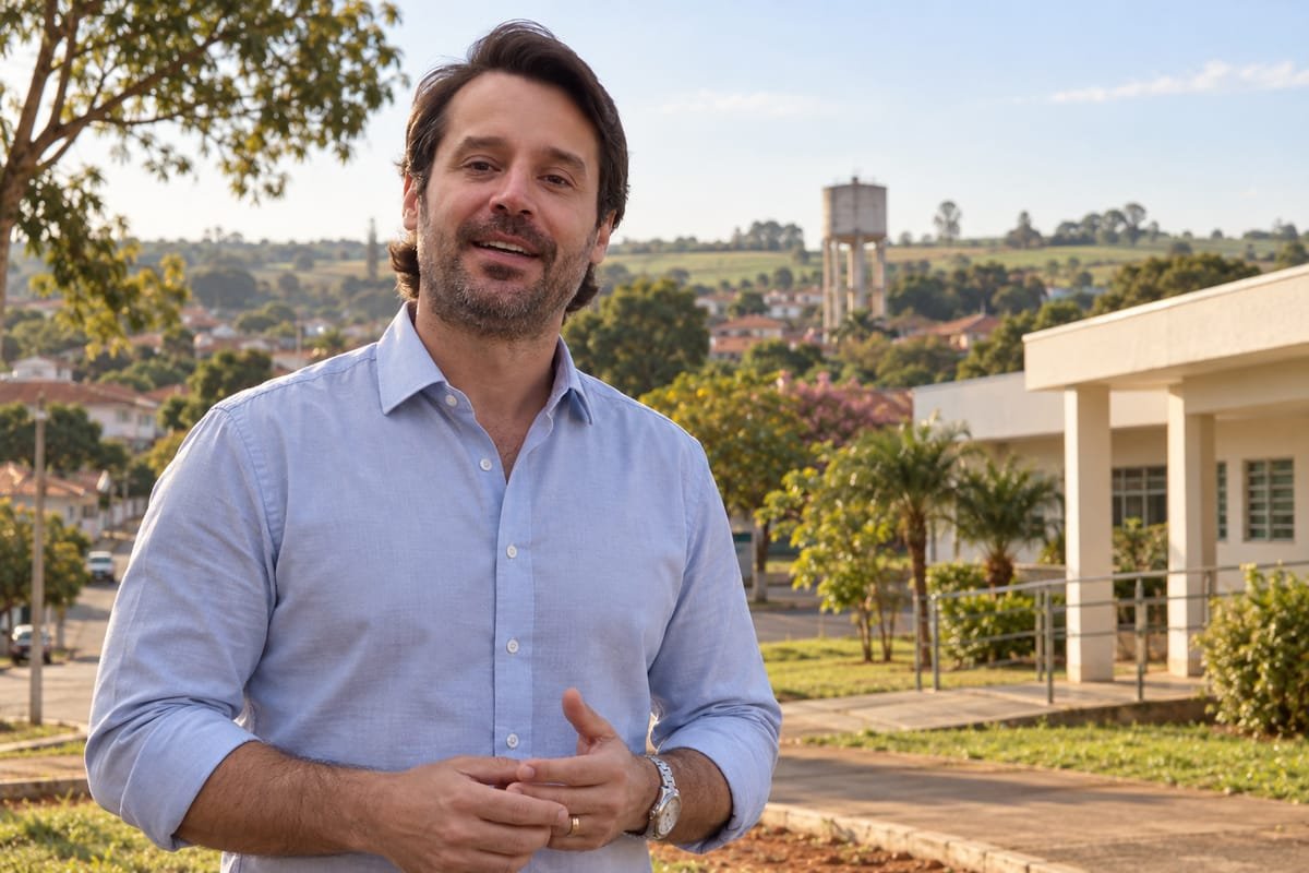 Guilherme Piai, de camisa social azul clara, com as mãos unidas, diante de uma praça com casas, uma caixa d'água e um prédio baixo ao fundo