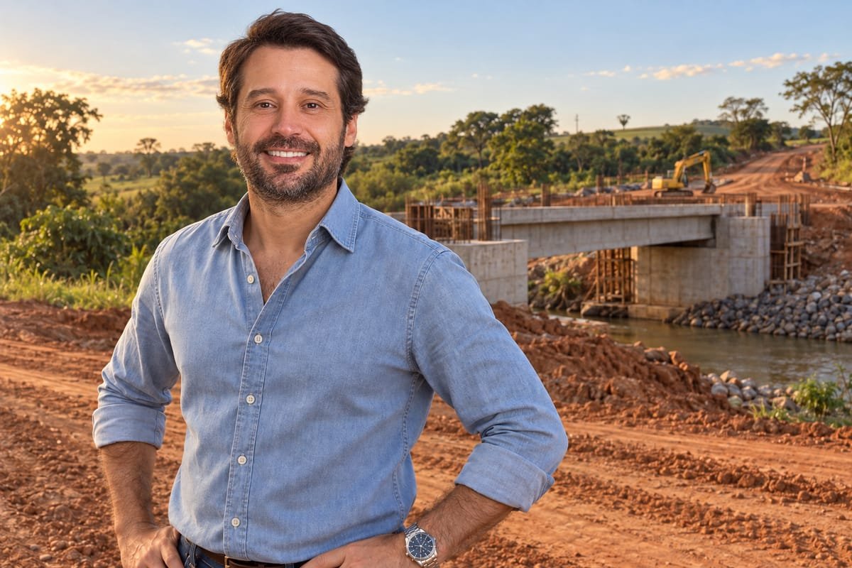 Guilherme Piai, de camisa jeans clara com as mangas dobradas e as mãos na cintura, diante de uma ponte de concreto em obra, com uma escavadeira ao fundo, ao pôr do sol
