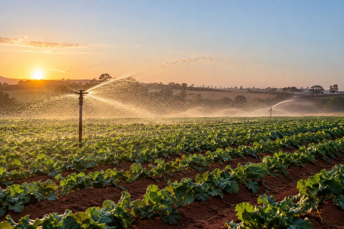 Aspersor lançando água sobre uma plantação de hortaliças ao pôr do sol