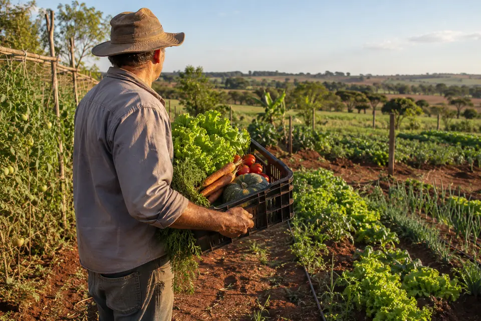 Homem de costas, de chapéu, carregando uma caixa com alface, cenouras, tomates e abóbora em uma horta