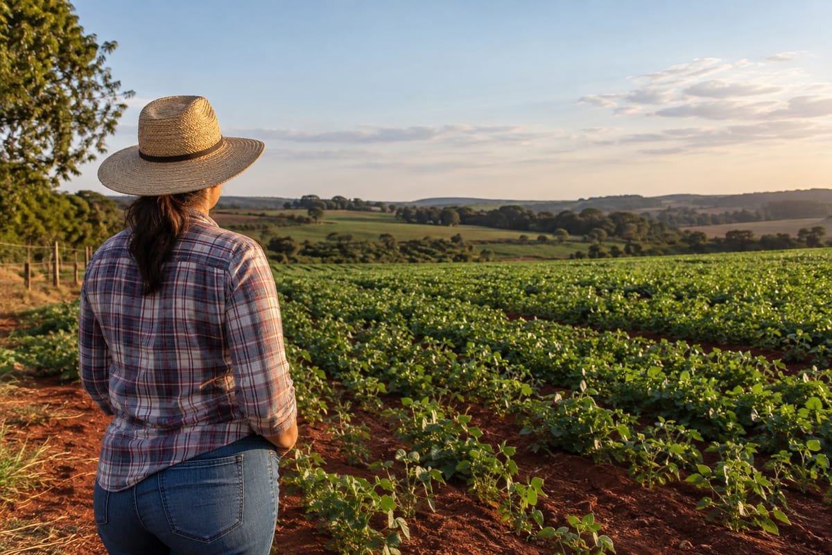 Mulher de costas, de chapéu de palha e camisa xadrez, olhando para uma lavoura ao entardecer