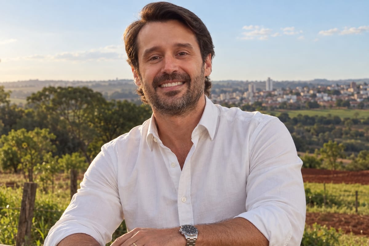 Guilherme Piai, de camisa social branca de mangas dobradas, sorrindo, com uma cidade e campos ao fundo no fim da tarde