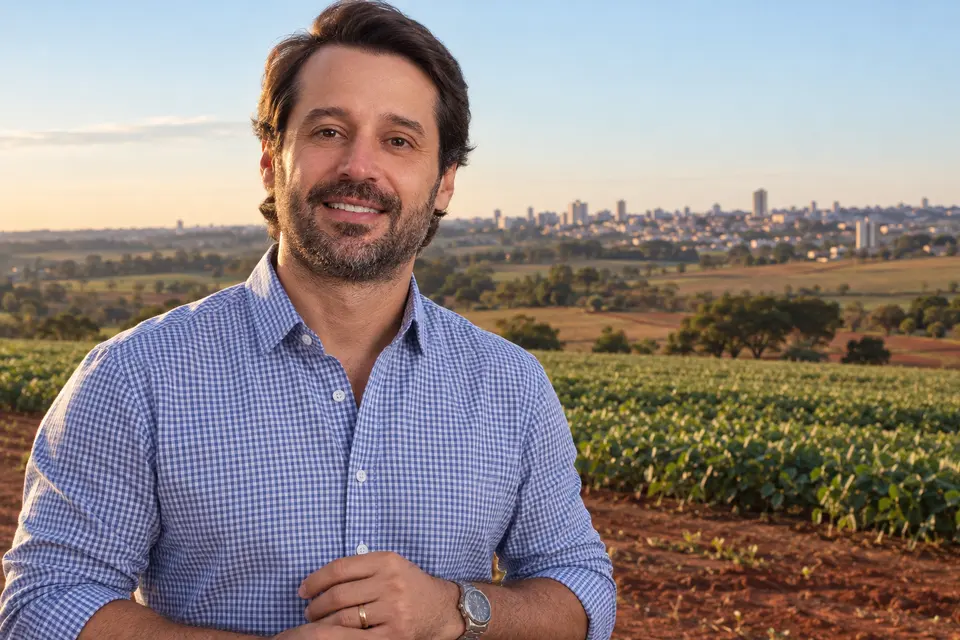 Guilherme Piai, de camisa quadriculada azul, sorrindo, com uma lavoura de soja e uma cidade ao fundo no fim da tarde