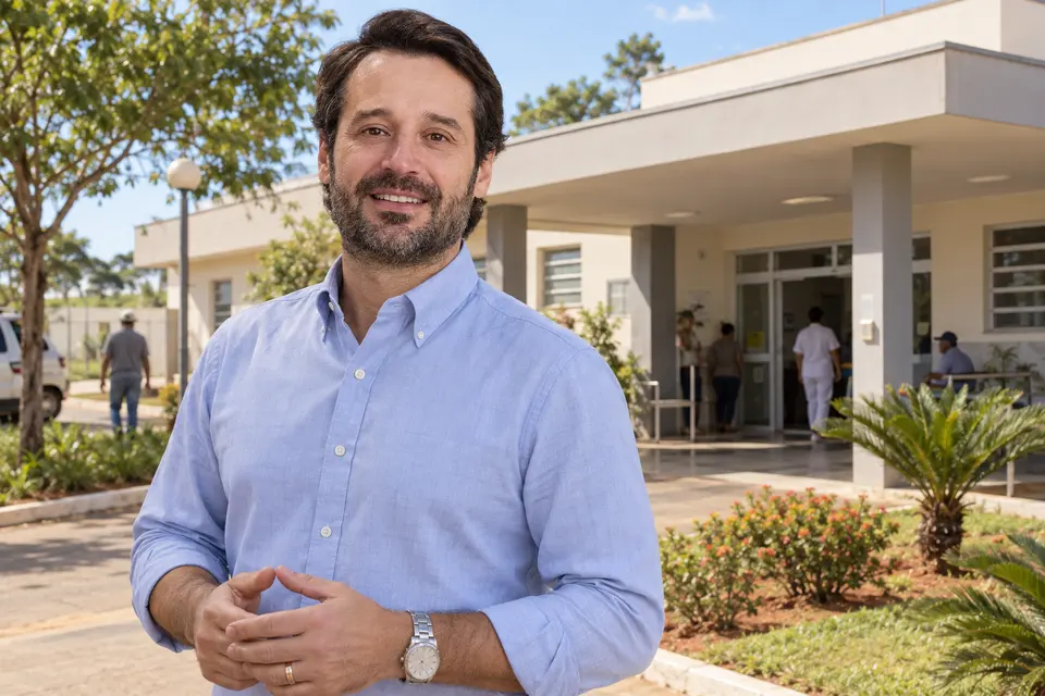 Guilherme Piai, de camisa social azul clara, sorrindo, com as mãos unidas, diante de um prédio térreo com pessoas na entrada