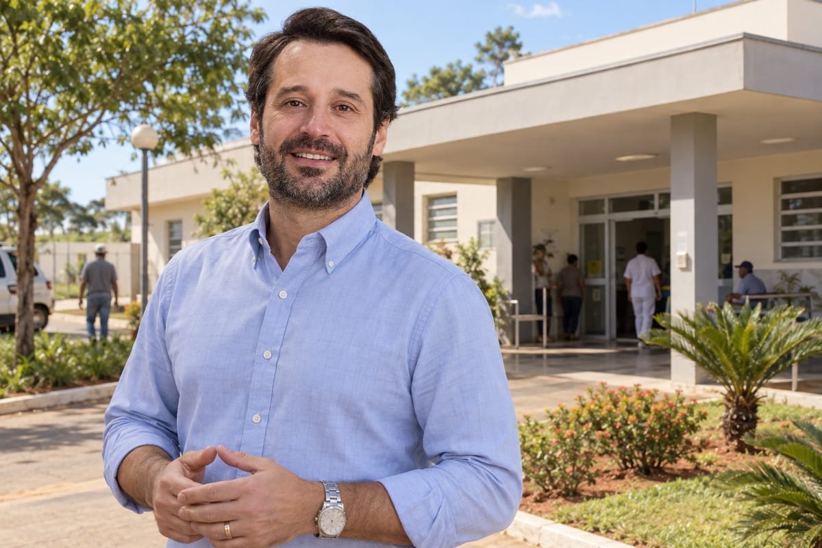 Guilherme Piai, de camisa social azul clara, sorrindo, com as mãos unidas, diante de um prédio térreo com pessoas na entrada