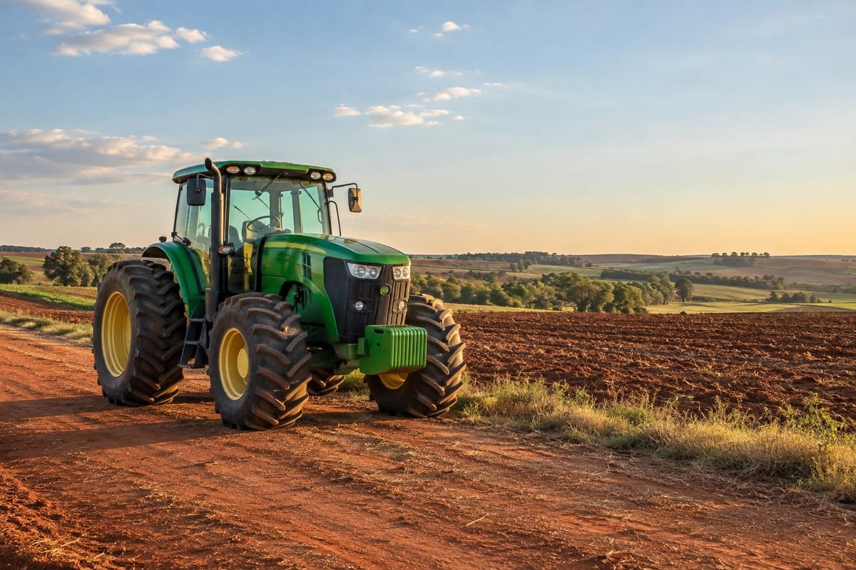 Trator verde em uma estrada de terra ao lado de um campo arado, sob um céu de fim de tarde